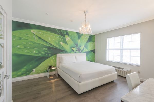 A modern bedroom with a large green leaf mural, a white bed, chandelier, wooden floor, desk, chair, and a window with blinds for natural light.