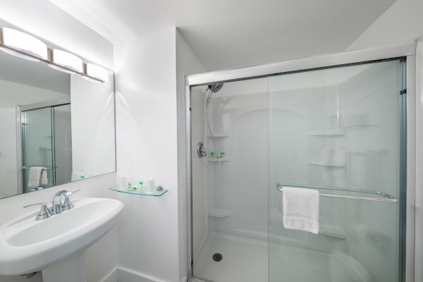 A modern bathroom with a sliding glass shower, vanity sink, mirror, and neatly arranged toiletries.