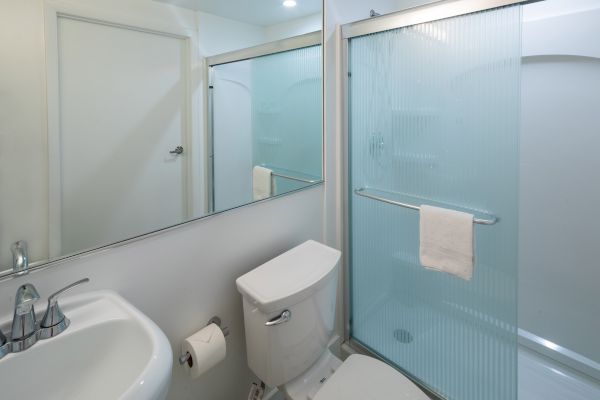 A bathroom with a sink, toilet, and shower with a glass door, featuring a towel hanging on the door.