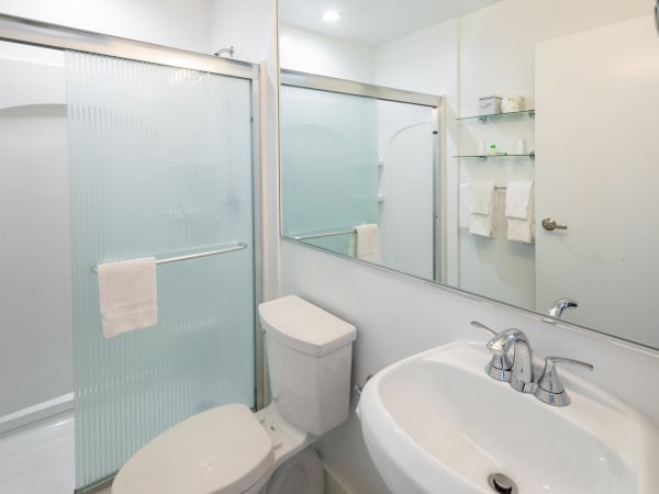 A clean bathroom with a shower, toilet, and sink; large mirror and white towels are visible on the rack and door.