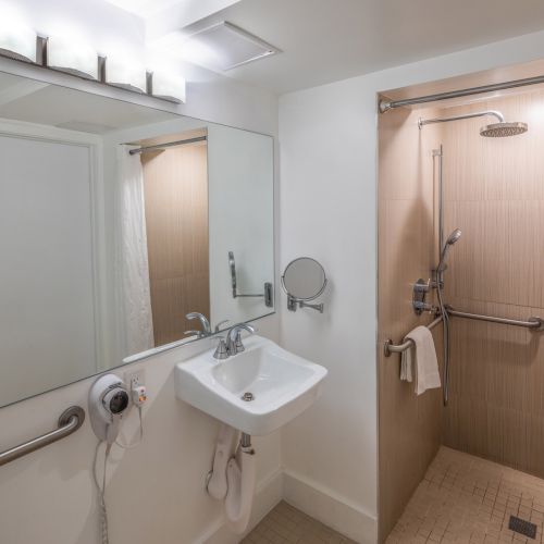 The image shows a modern bathroom with a shower, sink, mirror, and hairdryer. Features include a shower chair and accessible handrails.