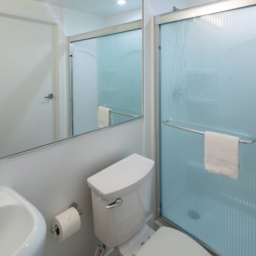 A modern bathroom with a sink, toilet, and a frosted glass shower door. A towel hangs on the shower door handle.