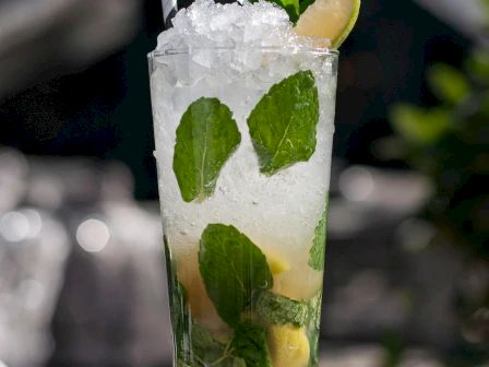 A tall glass filled with a mojito cocktail, featuring mint leaves, lime wedges, and a generous amount of ice.